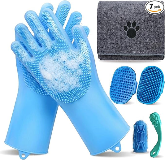 7PCS Dog Bath Supplies, Pet Grooming Kit for Dogs & Cats and Horses - Dog Washing Gloves, Pet Grooming Gloves, Dog Towel 40'' X 23.6'', Dog Bath Brush, Dog Shampoo Brush, Dog Finger Toothbrush (Blue)