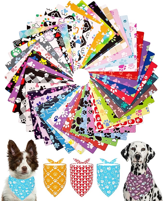 PET SHOW 50 Pack Big Extra Large Dog Bandanas Bulk XL Washable Paw Pattern Triangle Bibs Dogs Girl Boy Kerchief Set Pet Scarves Grooming Accessories