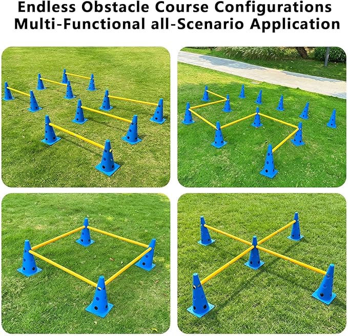 12 Sets Dog Agility Hurdle Cone Set, 3 Height Adjustable Backyard Agility Course Equipment for Beginners, Puppies & Dog Rehabilitation Training（Blue）