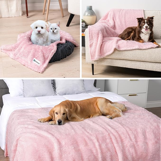 PetAmi Fluffy Waterproof Dog Blanket for Couch and Bed, Reversible Sherpa Pet Throw, Pee Proof Furniture Protector Sofa Cover, Washable Cat Blanket for Medium Large Dogs and Cats (Pink Blush, 60x80)