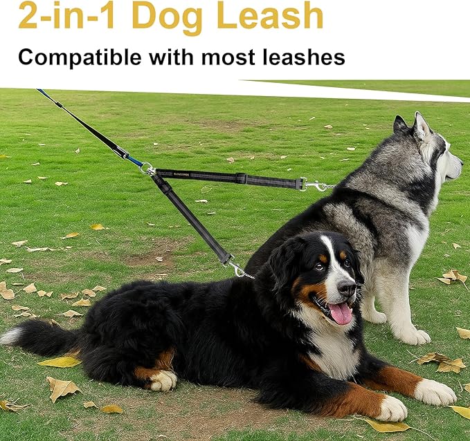 MingXpet Double Dog Leash for Two Dogs, No Pull Dog Leash, 360° Swivel No Tangle for Large Dogs Walking & Training, Shock Absorbing Reflective Bungee, Black