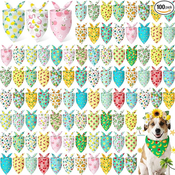 Abbylike 100 Pieces Summer Themed Dog Bandanas Bulk Hawaiian Dog Bandanas for Pets Triangle Kerchief Scarf Bibs Set for Summer Pets Dogs Party Costume Accessories, 25 Styles (25.6 x 17.7 x 17.7)