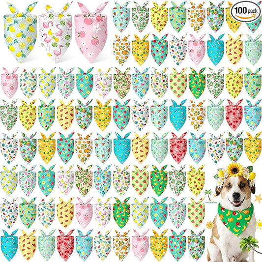 Abbylike 100 Pieces Summer Themed Dog Bandanas Bulk Hawaiian Dog Bandanas for Pets Triangle Kerchief Scarf Bibs Set for Summer Pets Dogs Party Costume Accessories, 25 Styles (25.6 x 17.7 x 17.7)