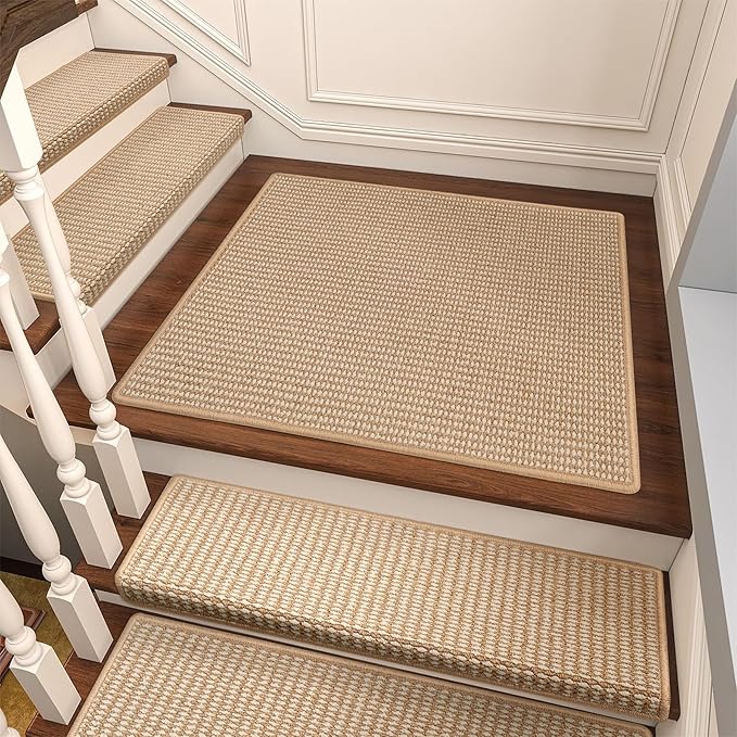 Brakki Bullnose Carpet Stair Treads, Non Slip Landing Mat for Wooden Steps Indoor, Soft Stair Rugs for Pets, Indoor Doormat for Kitchen Bathroom, Washable, 30"x30" 1pc, Beige and Cream