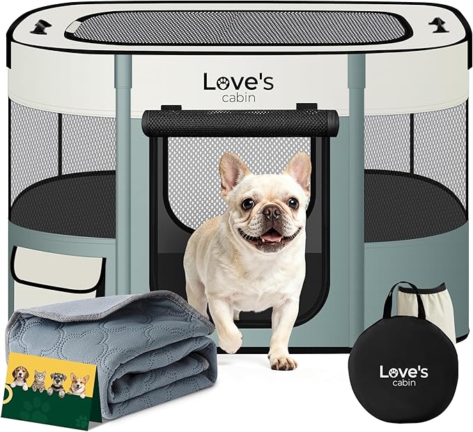 Love's cabin Dog Playpen Cat Puppy Pen, Portable Playpens for Pet Indoor/Outdoor Travel Camping, Foldable Kennel Tent Crate for Rabbits & Small Animals with Carrying Case (Gray Green with Pad, Small)