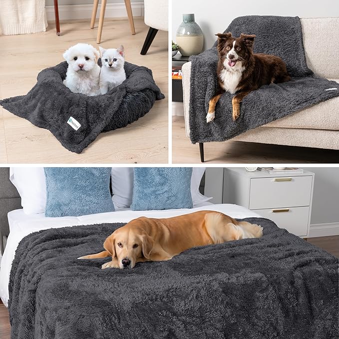 PetAmi Fluffy Waterproof Dog Blanket for Couch and Bed, Reversible Sherpa Pet Throw, Pee Proof Furniture Protector Sofa Cover, Washable Cat Blanket for Small Medium Dogs and Cats (Grey, 24x32)