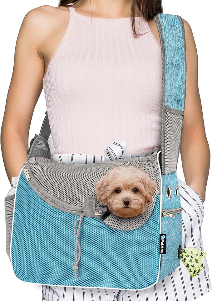 PetAmi Small Dog Sling Carrier, Soft-Sided Crossbody Puppy Carrying Purse Bag, Adjustable Sling Pet Pouch to Wear Medium Dog Cat Travel, Dog Bag for Traveling, Poop Bag Dispenser, Max 10 lbs, Blue