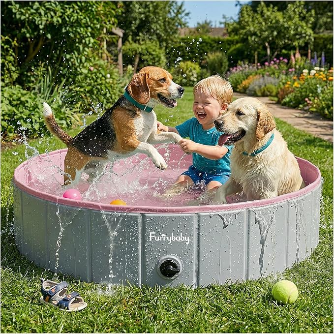 Furrybaby Dog Pool, Kiddie Pool Hard Plastic Foldable Dog Pools for Large Dogs Portable Pet Doggie Wading Swimming (Pink 47'') Indoor and Outdoor
