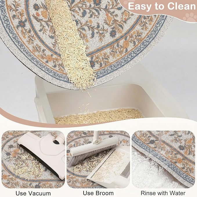 Bienbee Cat Litter Mat, 33" x 22" Large Size Litter Box Mat Rug with Non-Slip Bottom,Urine and Water Proof, Easy to Clean Cat Supplies Essentials for Indoor Kitty Kitten Floor,White Flowers L
