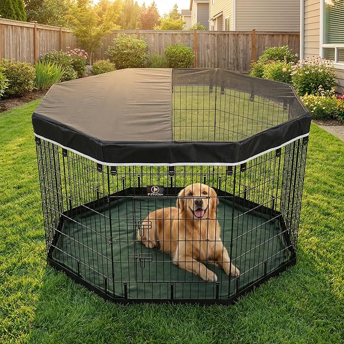 PJYuCien Octagonal Dog Playpen with Top Cover and Bottom Pad - Metal Foldable Exercise Pen, 8 Panels 42" H x 24" W Indoor Outdoor Pet Fence Puppy Crate Kennel, Black
