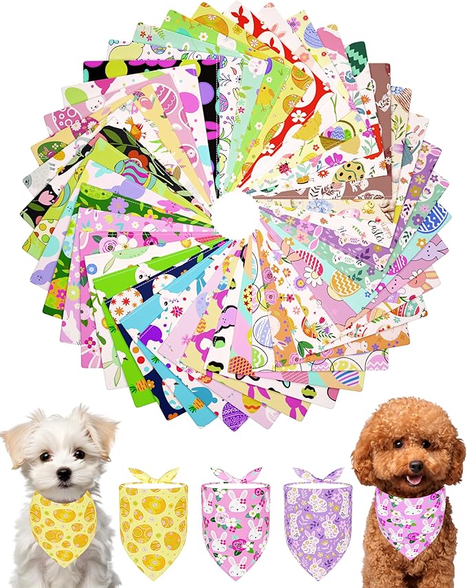 PET SHOW 50 Pack Easter Dog Bandanas Bulk for Small Dogs Cats Puppys XS Washable Adjustable Dog Scarf Triangle Bibs Pet Green Yellow Decorative Grooming Accessories