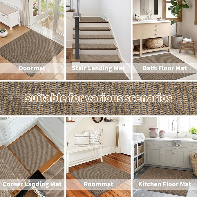 Brakki Bullnose Carpet Stair Treads, Non Slip Landing Mat for Wooden Steps Indoor, Soft Stair Rugs for Pets, Indoor Doormat for Kitchen Bathroom, Washable, 30"x30" 1pc, Grey and Beige