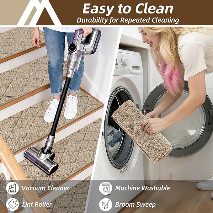 COSY HOMEER Stair Treads for Wooden Steps 11"x30" Washable Indoor Carpet Stair Treads Non Slip Soft Polyester Stair Carpet Tread Reusable Stair Runner Rugs for Kids, Elders,Pets,Beige,4pcs