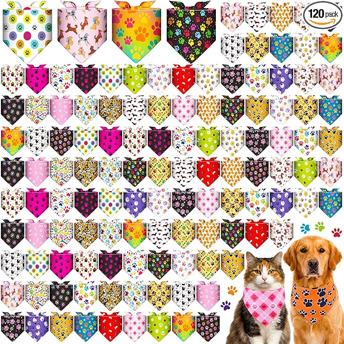 Sanwuta 120 Pcs Paw Bandanas for Dogs Bulk Dog Bone and Paw Pattern Triangle Bandanas for Groomers Washable Pet Scarves Adjustable Bibs for Small and Medium Pets, 30 Styles