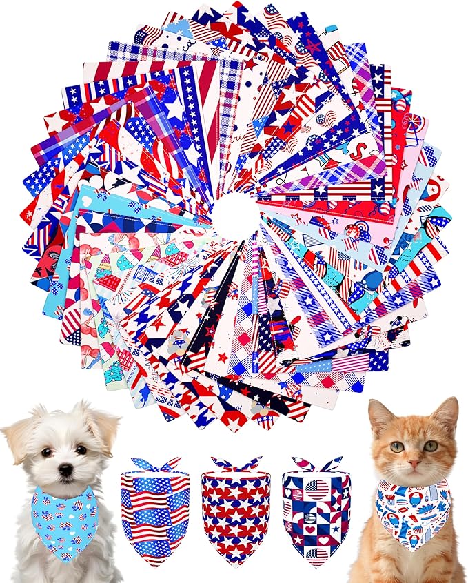PET SHOW 50 Pack 4th of July Small Dog Bandanas Bulk XS Washable US Flag Cats Puppy Patriotic Triangle Bibs Star&Stripe Kerchief Set Dog Scarves Pet Girl Boy Holiday Grooming Accessories