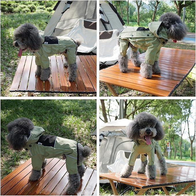 LOVELONGLONG Waterproof Dog Raincoat with Removable Hood – Outdoor Full Body Dog Jacket, Windproof Snowproof Shell Suit – All Season Pet Rain Gear Sage Green XS