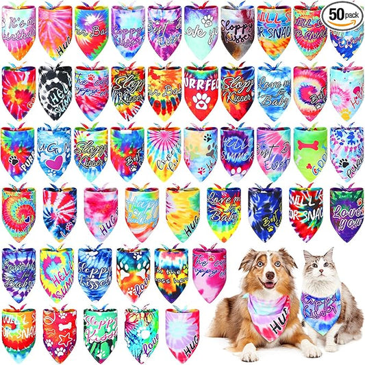Huhumy 50 Pcs Tie Dye Dog Bandanas Bulk Pet Bibs Colorful Triangle Scarf Tie Dye with Sayings Pet Bandanas for Medium Large Dogs Spring Summer Birthday Costume Decor