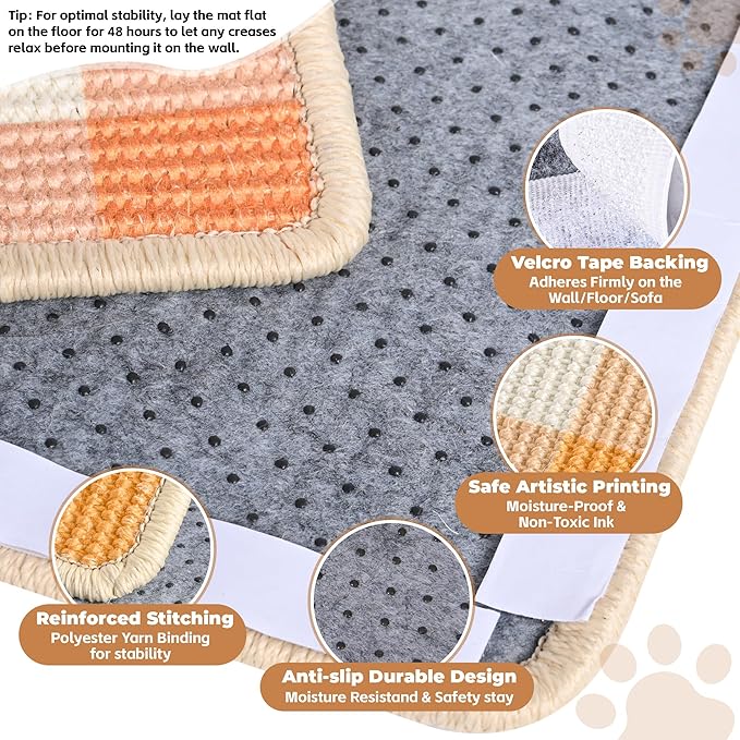 Cat Scratcher Mat, Natural Sisal Cat Scratch Pad, 23.6x15.7 Inch Horizontal Cat Floor Scratching Pads Rug with Hook & Loop to Protect Couch & Carpets & Sofas（Orange White）