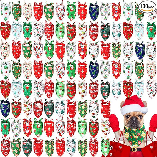 Abbylike 100 Pcs Christmas Dog Bandanas Bulk Xmas Bandanas for Dogs Triangle Kerchief Bibs Scarf Set for Pet Xmas Costume Photo Props Accessories Pet Shops Grooming, 25 Styles (25.6 x 17.7 x 17.7)