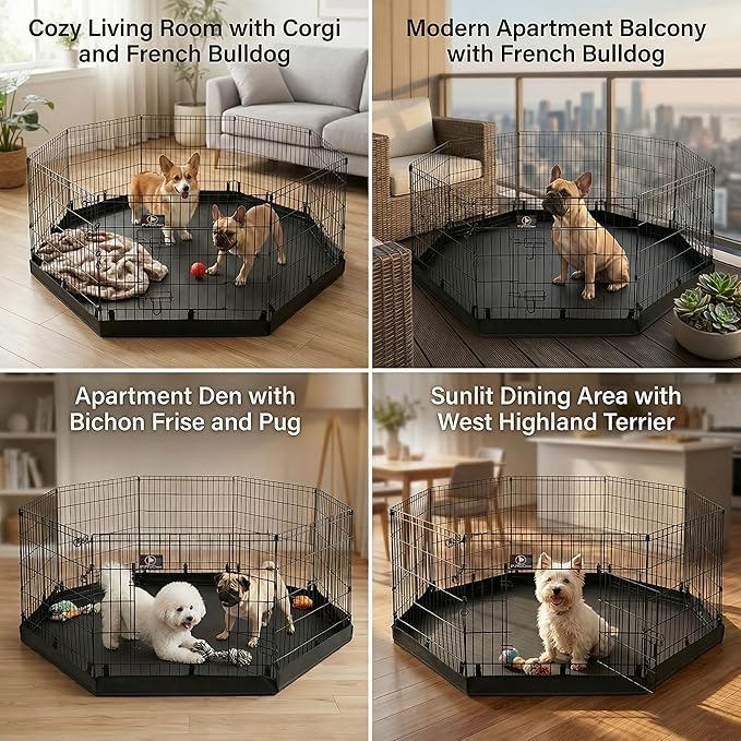 PJYuCien Octagonal Dog Playpen with Bottom Pad - Metal Foldable Exercise Pen, 8 Panels 30" H x 24" W Indoor Outdoor Pet Fence Puppy Crate Kennel, Black