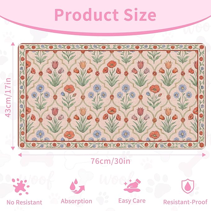 Vintage Floral Pet Feeding Mat, Absorbent Dog & Cat Food Mat for Bowl, Non-Slip Quick Dry Pet Placemat Floor Protector for Messy Drinkers(17 x 30 in)