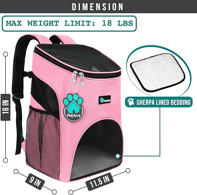 PetAmi Cat Backpack Carrier, Airline Approved Pet Carrier Backpack for Small Dogs and Large Cats, Soft Sided Collapsible Ventilated with Sherpa Bed for Hiking Travel, Max 18 lbs, Pink