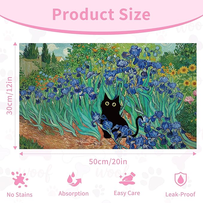 Black Cat Pet Feeding Mat, Absorbent Dog/Cat Food Mat for Food and Water Bowl, Non-Slip Quick Dry Pet Placemat Floor Protector for Messy Drinkers(12 x 20 in)