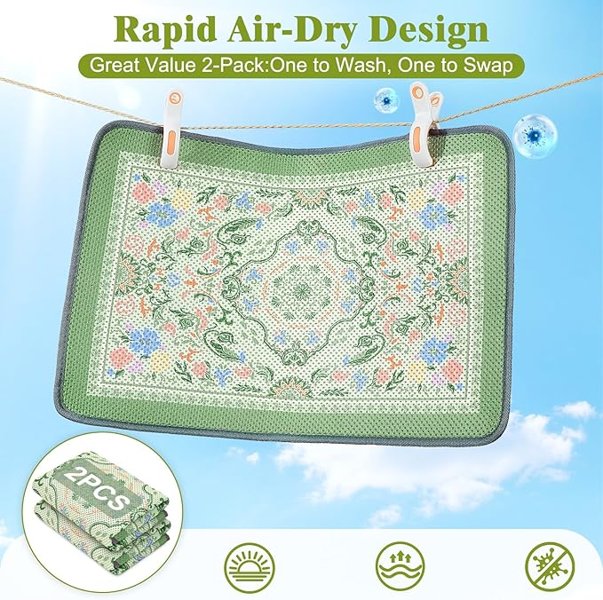 Unicorn Catcher 33X22in 2packCat Litter Mat Machine Washable Soft 3D Air Mesh Litter Box Rug Non-Slip Backing Quick Dry Scatter Control for Paws,Bean Green