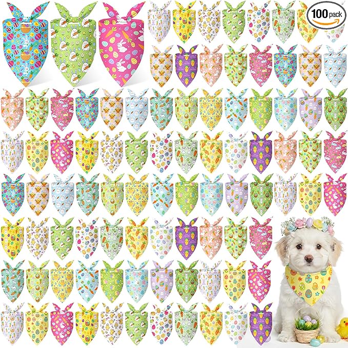 Abbylike 100 Pcs Easter Dog Bandanas Bulk Bunny Egg Carrot Bandanas for Dogs Triangle Kerchief Bibs Scarf Set for Pet Costume Easter Photo Props Accessories Pet Shops, 25 Styles (19.7 x 13.8 x 13.8)
