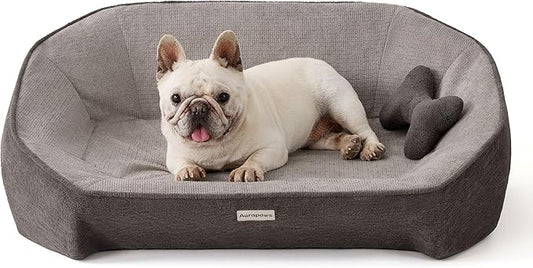 Orthopedic Dog Bed for Medium Small Dogs up to 120lbs, Extra Thick One-Piece Memory Foam Dog Bed, Never Sag Pet Sofa Couch with 3 Removable Washable Covers (Plush, Cooling, Leather) & Toy
