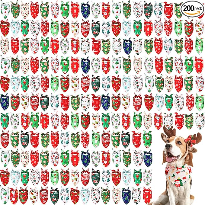 Abbylike 200 Pcs Christmas Dog Bandanas Bulk Xmas Red and Green Bandanas for Dogs Triangle Kerchief Bibs Scarf Set for Pet Christmas Costume Photo Props Accessories Pet Shops Groomer, 25 Styles