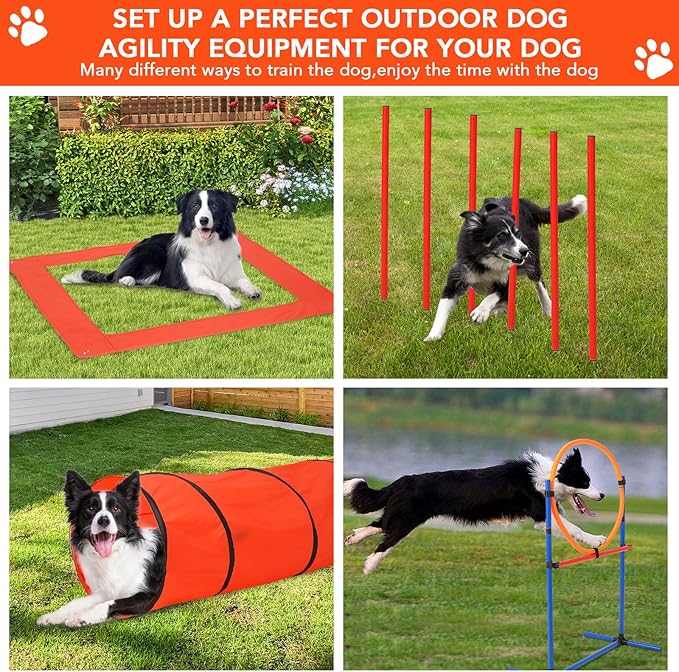 Hipicute Dog Agile Training Equipment Set Outdoor Indoor,70" Tunnel + Tire Jump + Hurdle Jump, Weave Poles, Pause Box, 2 Toy Balls, 1 Whistle, Carry Bag, Premium Dog Obstacle Course Kit