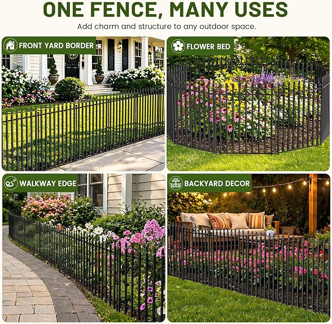 5 Panels No Dig Decorative Garden Fence, 24in(H)×11ft(L) Heavy-Duty Rustproof Metal Panels, Outdoor Dog Barrier for Yard & Patio, Landscape, Border| Portable Temporary Fencing