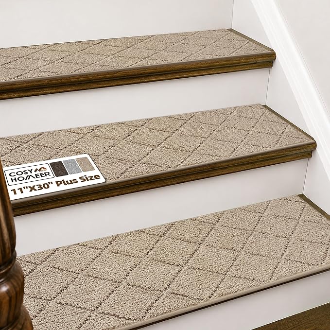 COSY HOMEER Stair Treads for Wooden Steps 11"x30" Washable Indoor Carpet Stair Treads Non Slip Soft Polyester Stair Carpet Tread Reusable Stair Runner Rugs for Kids, Elders,Pets,Beige,15pcs