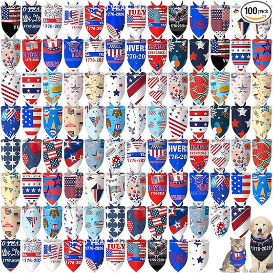 Huhumy 100 Pcs 4th of July Dog Bandanas 250th Anniversary Patriotic Pet Bandanas Bulk Independence Day Triangle Pet Bibs Scarf for Medium Large Dog 4th of July 250th Festival Decor