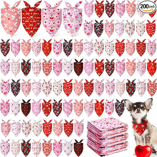Abbylike 200 Pcs Valentine Dog Bandanas Bulk Red and Pink Bandanas for Dogs Triangle Kerchief Bibs Scarf Set for Pet Valentine Costume Photo Props Accessories Pet Shops Groomer Owner, 25 Styles