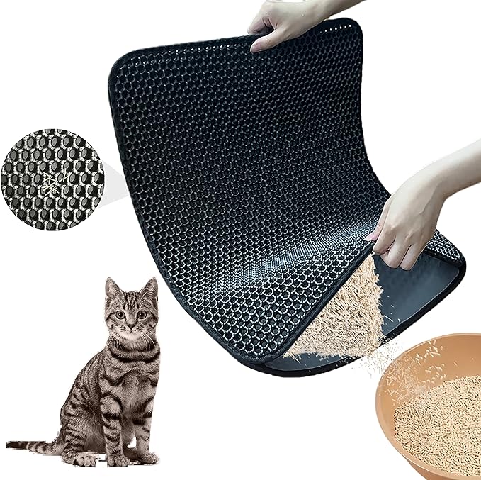 Cat Litter Mat, Honeycomb Double Layer Litter Trapping Mat, 18" x 24" Kitten Litter Box Pad, Waterproof Urine Proof, Washable Easy Clean (Black)