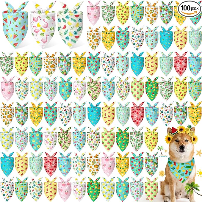 Abbylike 100 Pieces Summer Themed Dog Bandanas Bulk Hawaiian Dog Bandanas for Pets Triangle Kerchief Scarf Bibs Set for Summer Pets Dogs Party Costume Accessories, 25 Styles (19.7 x 13.8 x 13.8)