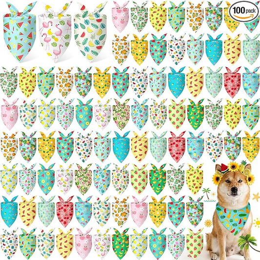Abbylike 100 Pieces Summer Themed Dog Bandanas Bulk Hawaiian Dog Bandanas for Pets Triangle Kerchief Scarf Bibs Set for Summer Pets Dogs Party Costume Accessories, 25 Styles (19.7 x 13.8 x 13.8)