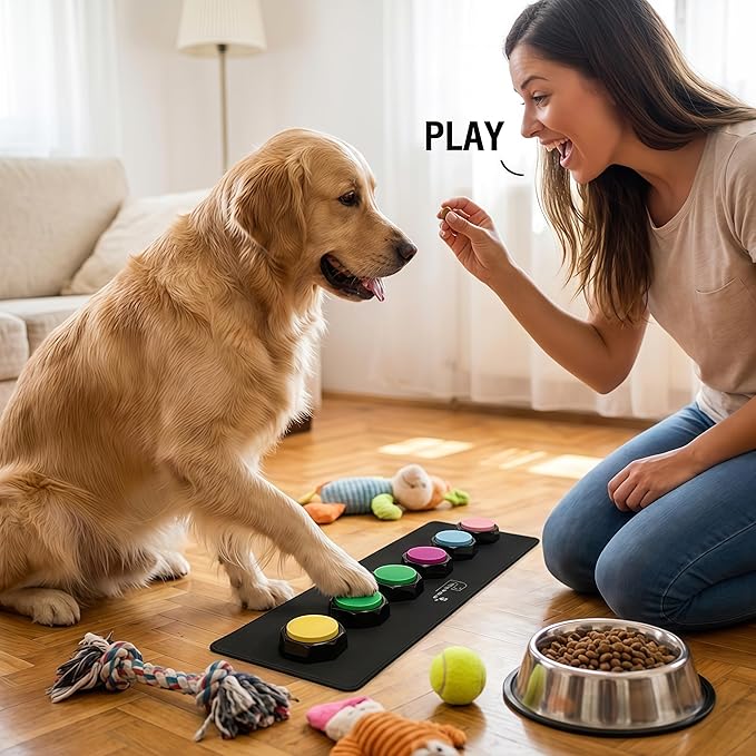 BOSKEY 6 Dog Buttons for Communication Pet Talking Buttons Starter Set Dog Speaking Buttons 50 Stickers Recordable Button One Waterproof mat