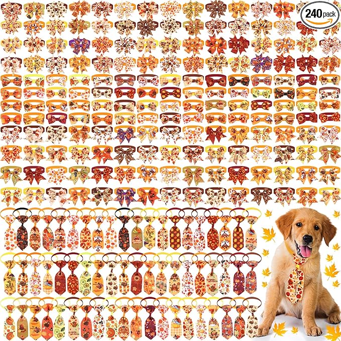 Aliceset 240 Pcs 4th of July Patriotic Dog Bows Tie Basic Collars Bulk Independence Day Red Blue White Pet Neckties for USA Memorial Day Dog Cat Pet Party Accessories(Thanksgiving)