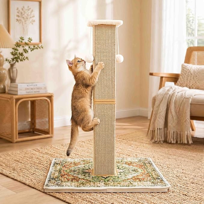 Tall Cat Scratching Post for Indoor Cats Adults, 33'' Large Cat Scratch Post with Perch, Cute Cat Scratching Post with Boho Carpet ＆ Dangling Ball Toys, Green