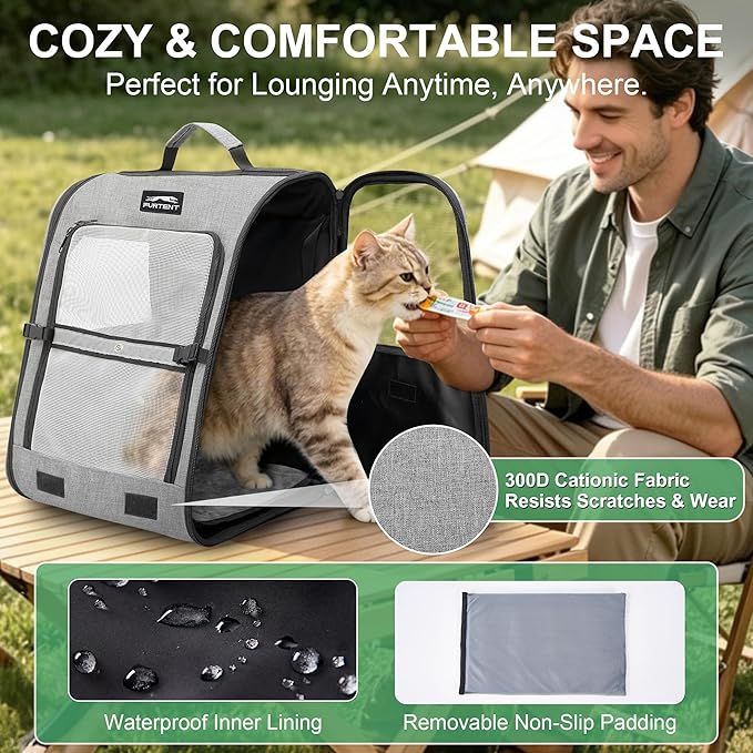 Pet Backpack Carrier for Small Dogs and Cats, Comfortable Portable Cat Bag for Travel Use with Ventilated Mesh, Safety Strap, and Easy-Clean Waterproof Fabric, Grey