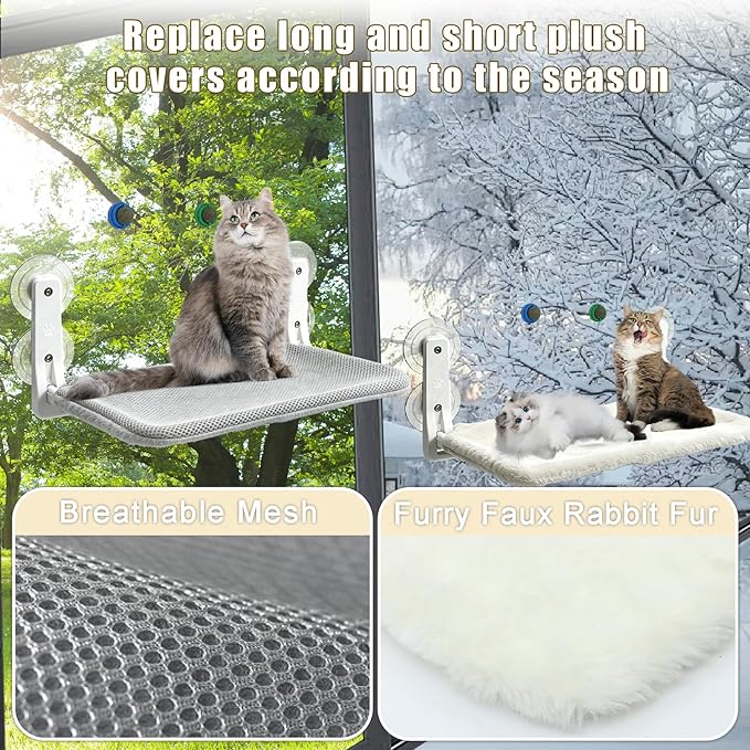 Cat Window Perch Hammock - Foldable Cordless with 4 Suction Cups for Indoor Cats, Space Saving Design,Reversible Cover with Two Different Kinds of Fabrics,40Lbs Load Capacity (60CM)