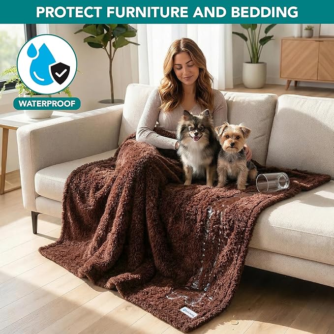 PetAmi Fluffy Waterproof Dog Blanket for Couch and Bed, Reversible Sherpa Pet Throw, Pee Proof Furniture Protector Sofa Cover, Washable Cat Blanket for Small Medium Dogs and Cats (Brown, 29x40)