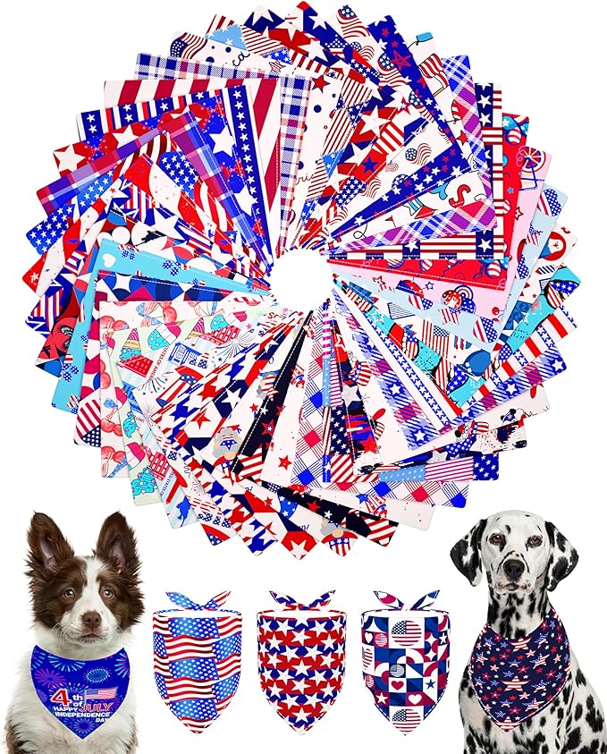 PET SHOW 50 Pack 4th of July Big Dog Bandanas Bulk XL Washable US Flag Patriotic Triangle Bibs for Medium Large Dogs Girl Boy Star&Stripe Kerchief Set Pet Scarves Holiday Grooming Accessories