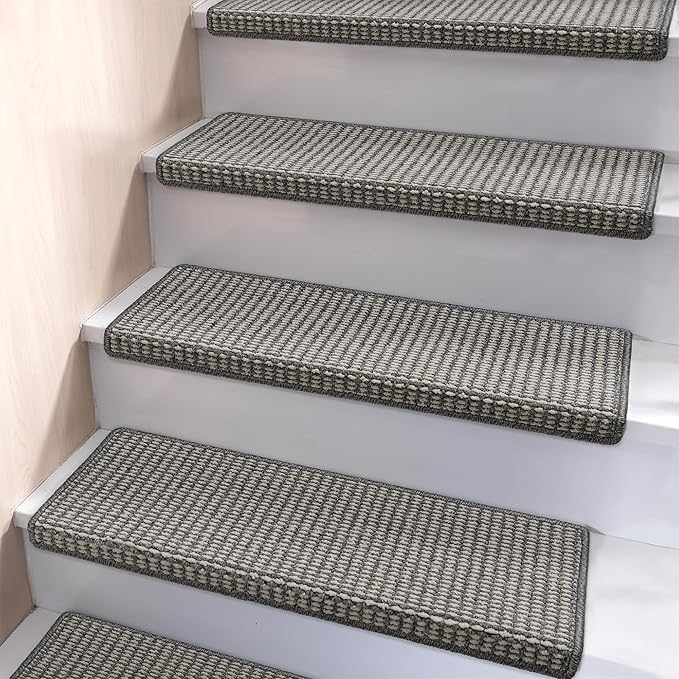 Brakki Bullnose Carpet Stair Treads, Stair Treads for Wooden Steps Indoor Runner and Pets, Non Slip Soft Edging Staircase Protectors, Washable, 29.5"x9.5"x1.5" 2pcs, Grey and Cream