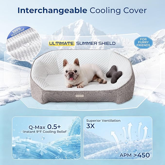 Orthopedic Dog Bed for Medium Small Dogs up to 120lbs, Extra Thick One-Piece Memory Foam Dog Bed, Never Sag Pet Sofa Couch with 3 Removable Washable Covers (Plush, Cooling, Leather) & Toy