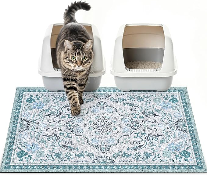 Cat Litter Mat Trapping Rug 33"x22", Large Litter Box Mat for Floor, Non-Slip Waterproof Backing, Soft Mesh Easy to Clean Pet Mat for Cat Blue Green