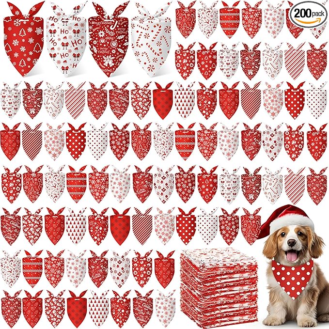 Abbylike 200 Pcs Dog Bandanas Bulk, Red & White Triangle Dog Kerchiefs for Small Medium Large Dogs, Reusable Pet Scarves for Groomers, Pet Shops, Parties & Photo Props, 25 Styles